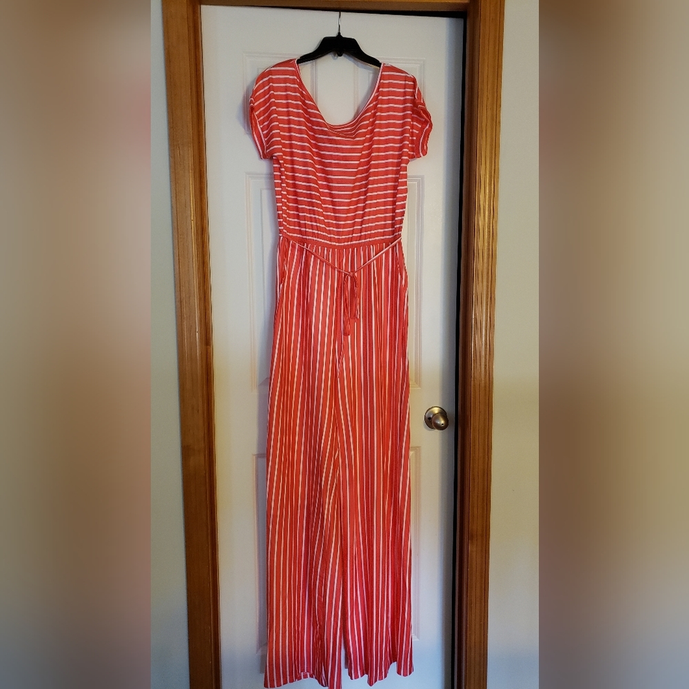 Coral and White wide leg jumpsuit